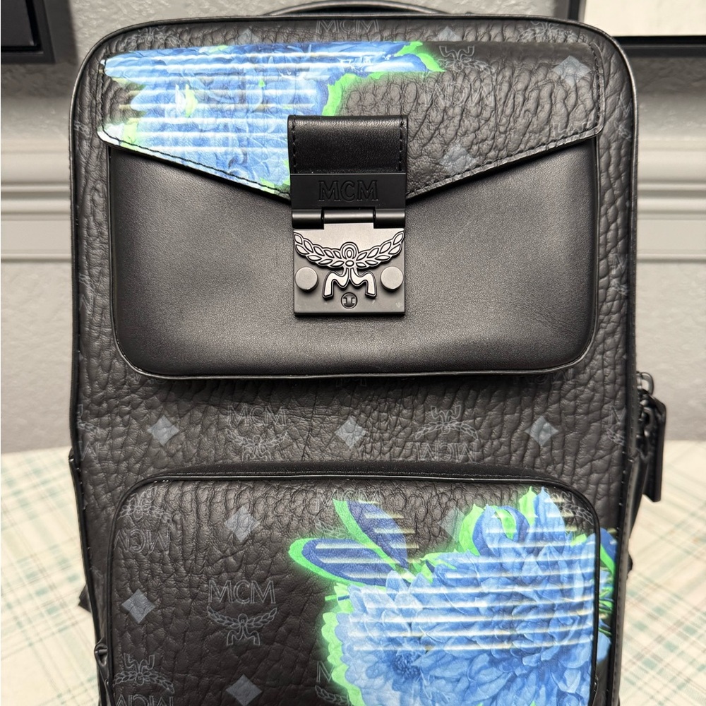 MCM Black Backpack with Blue and Green Accents